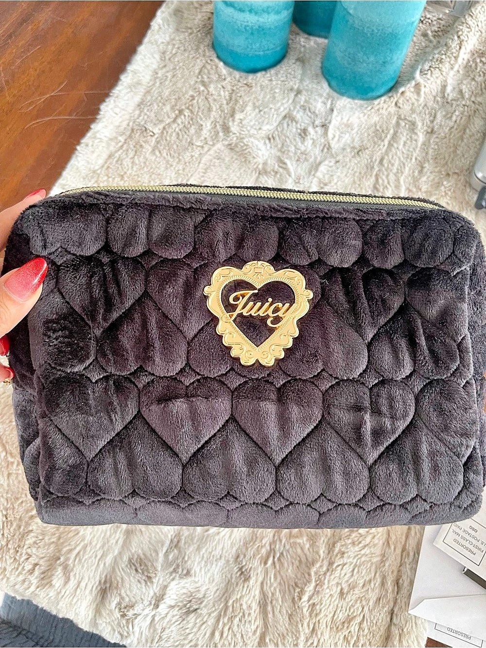 Juicy Couture Black Velour Heart Quilted Cosmetic Bag NWT